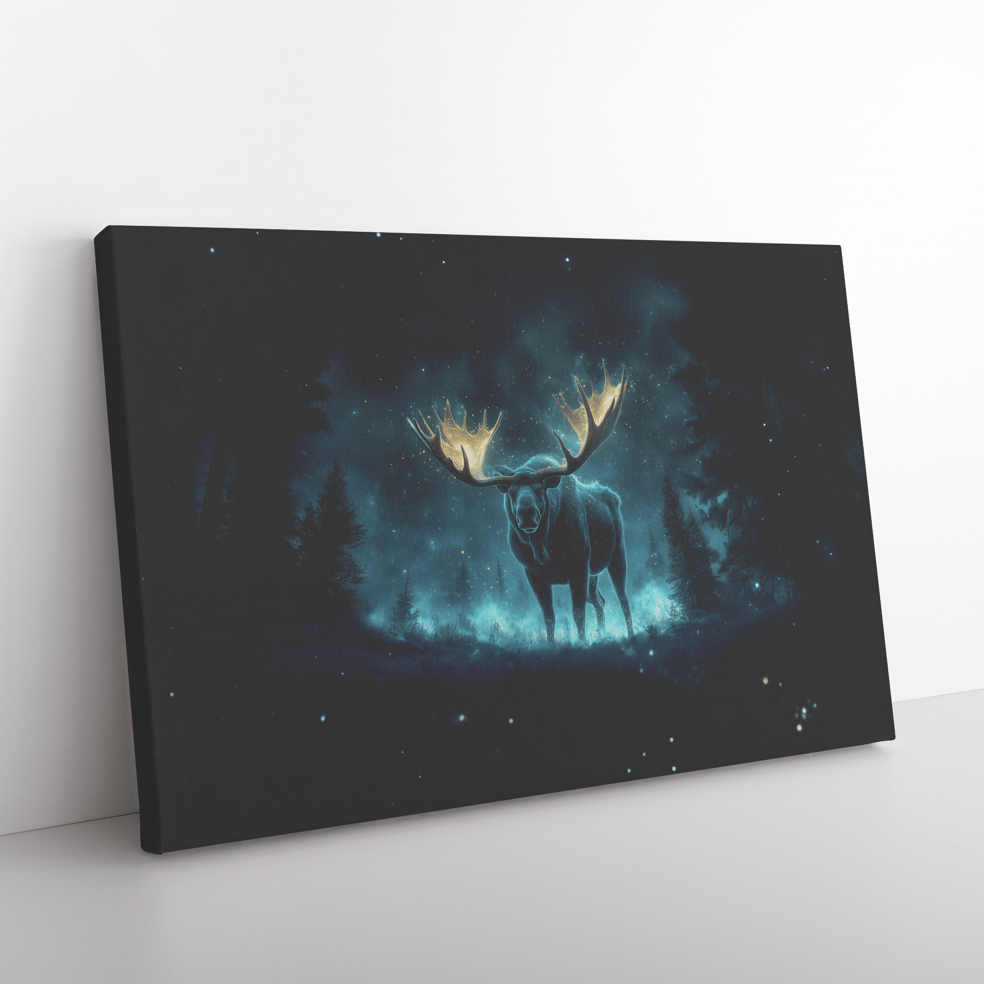 Moose With Glowing Antlers In Bioluminescent Forest Surrounded By Blue And Green Light Canvas Wall Art Decor - Awakening Righteousness