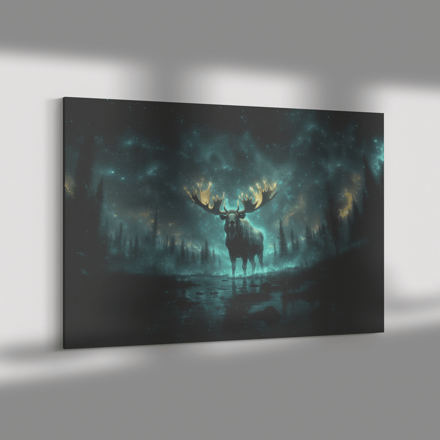 Moose With Glowing Antlers In Bioluminescent Forest Surrounded By Blue And Green Light Canvas Wall Art Decor - Awakening Righteousness