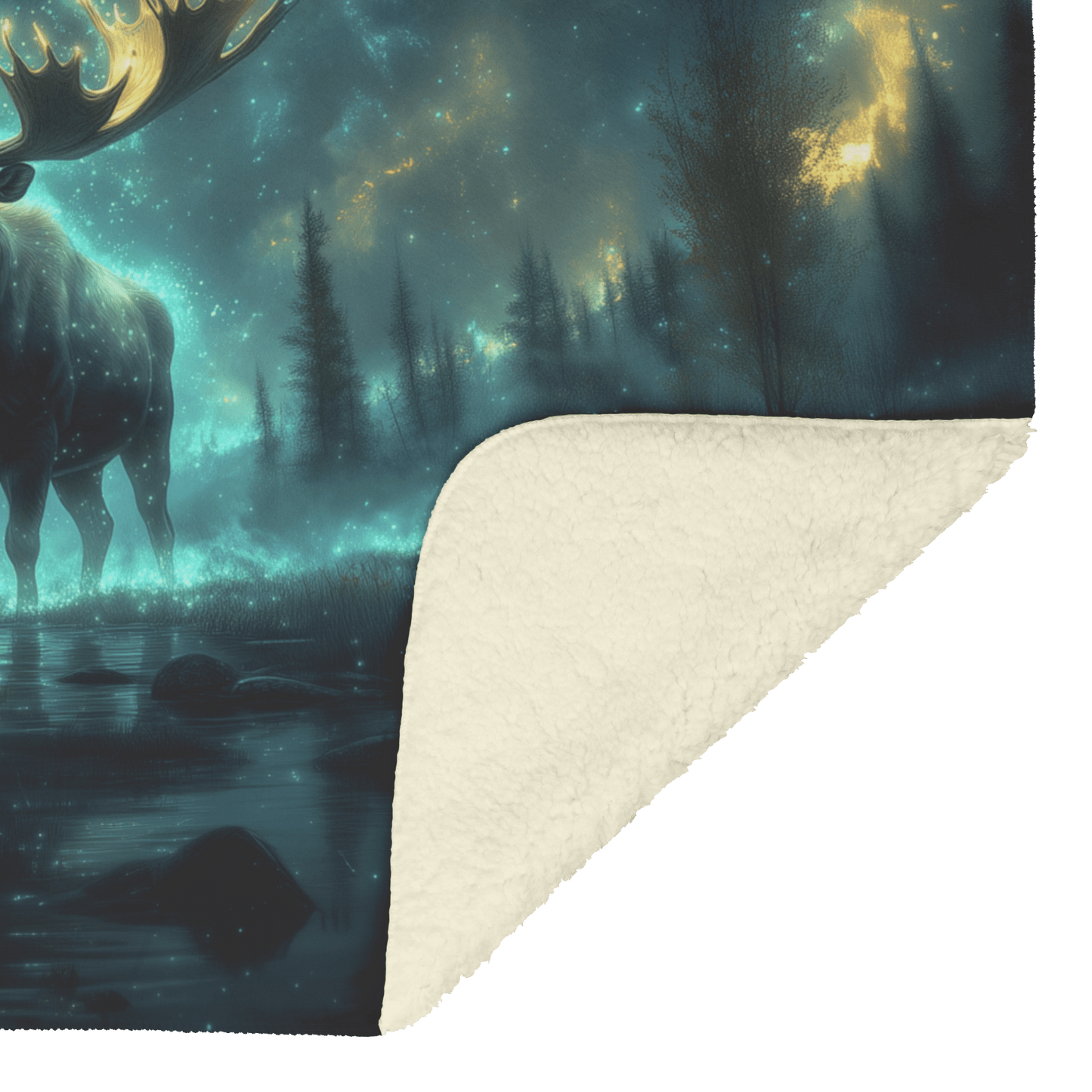 Moose With Massive Glowing Antlers Standing in Bioluminescent Forest Surrounded by Blue and Green Light Fleece Sherpa Blanket - Awakening Righteousness