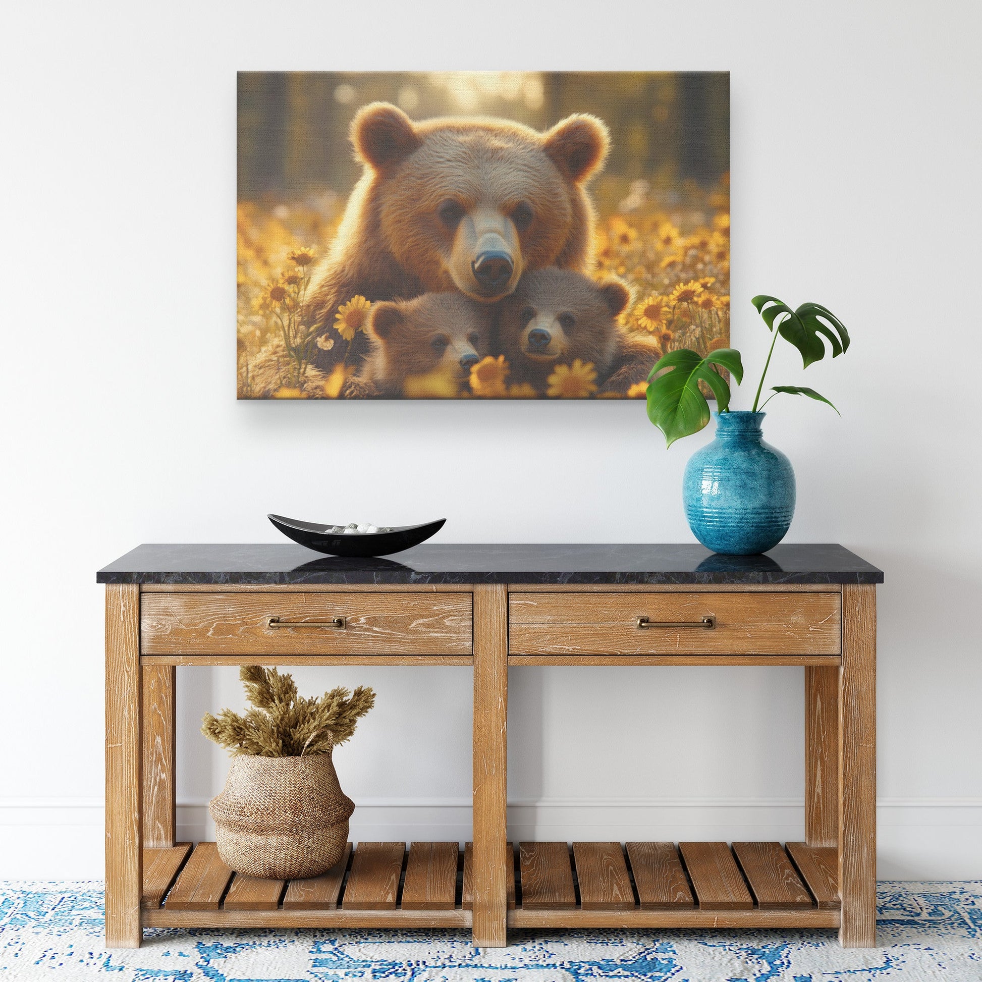 Mother Bear and Cub Resting in Meadow Golden Sunlight Surrounded by Wildflowers Serene Canvas Wall Art Decor For Home - Awakening Righteousness
