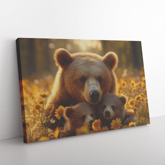 Mother Bear and Cub Resting in Meadow Golden Sunlight Surrounded by Wildflowers Serene Canvas Wall Art Decor For Home - Awakening Righteousness