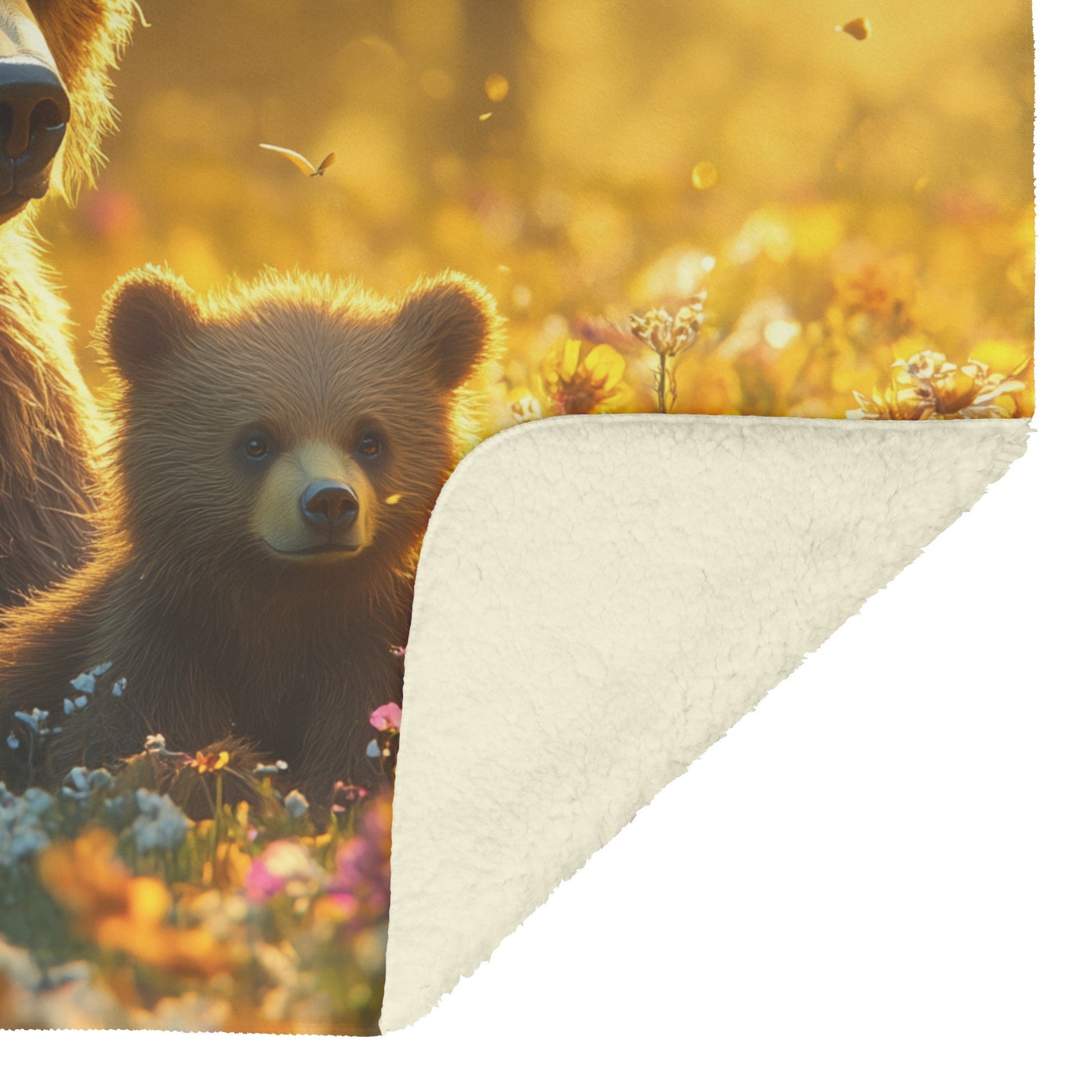 Mother Bear and Cub Resting in Meadow with Wildflowers Under Soft Golden Sunlight Sherpa Fleece Blanket - Awakening Righteousness