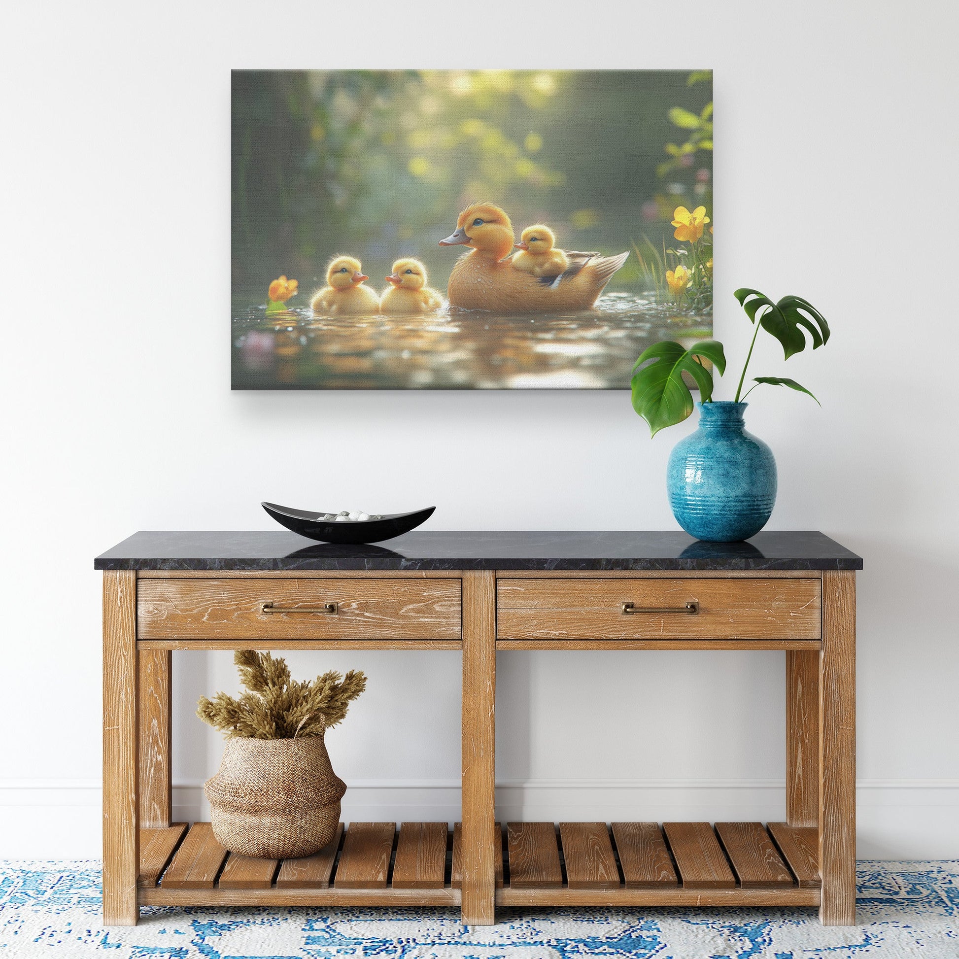 Mother Duck and Baby Ducks Swimming in Water with Sunshine Canvas Wall Art Decor - Awakening Righteousness