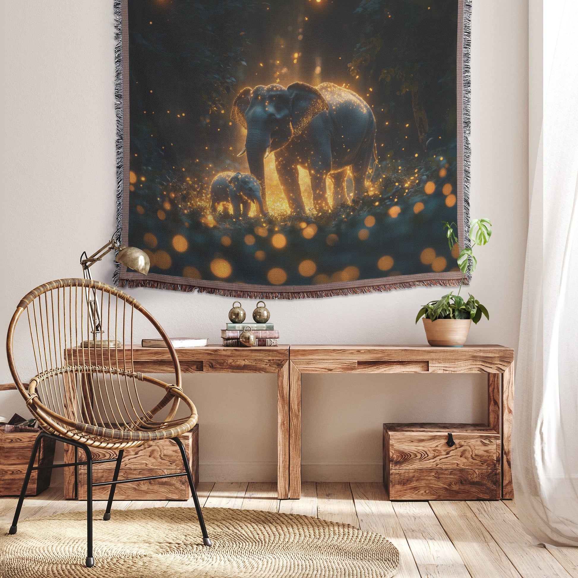Mother Elephant Leading Baby Through Magical Glowing Forest Filled with Bioluminescent Plants and Shimmering Fireflies Woven Throw Blanket - Awakening Righteousness