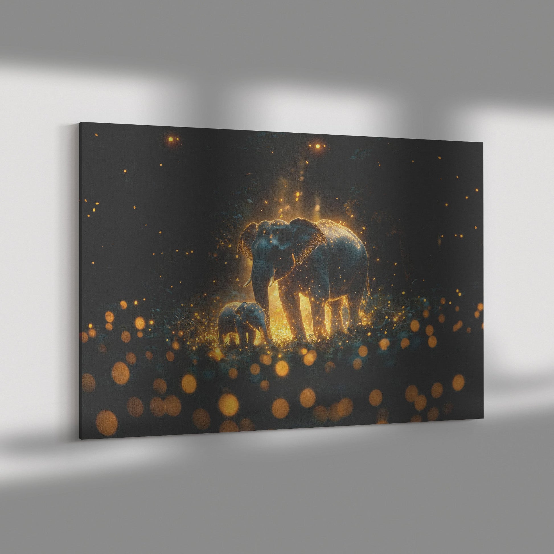 Mother Elephant Leading Baby Through Magical Glowing Forest with Bioluminescent Plants and Shimmering Fireflies Canvas Wall Art Decor - Awakening Righteousness