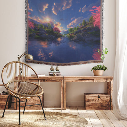 Mountain Sunrise Woven Throw Blanket Scenic Nature Reflection Peaceful Valley River Cozy Decor Gift - Awakening Righteousness