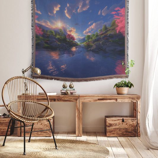 Mountain Sunrise Woven Throw Blanket Scenic Nature Reflection Peaceful Valley River Cozy Decor Gift - Awakening Righteousness