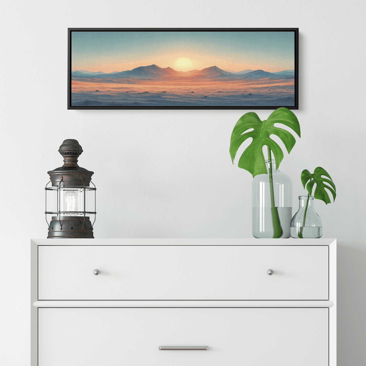 Muted Panoramic Illustration Flat Desert Plain Distant Hills Beige Sand Tones Ultra High Definition Minimalist Panoramic Framed Canvas Wall Art - Awakening Righteousness