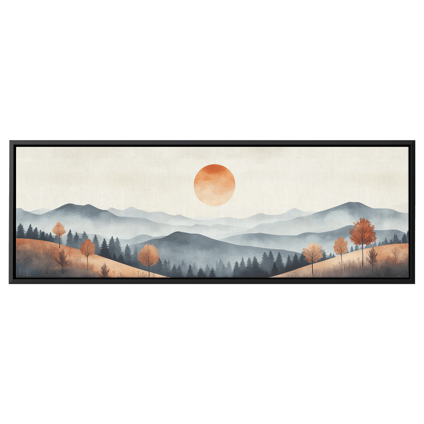 Muted Panoramic Illustration Gently Sloping Hills Sparse Tree Clusters Soft Brown Gray Tones Ultra High Definition Modern Minimalist Panoramic Framed Canvas Wall Art - Awakening Righteousness