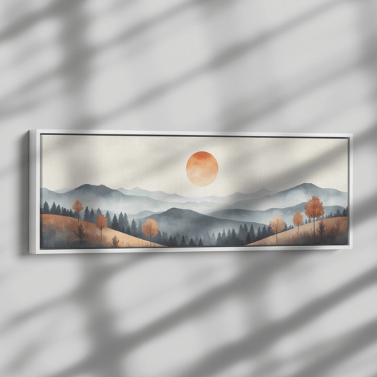 Muted Panoramic Illustration Gently Sloping Hills Sparse Tree Clusters Soft Brown Gray Tones Ultra High Definition Modern Minimalist Panoramic Framed Canvas Wall Art - Awakening Righteousness