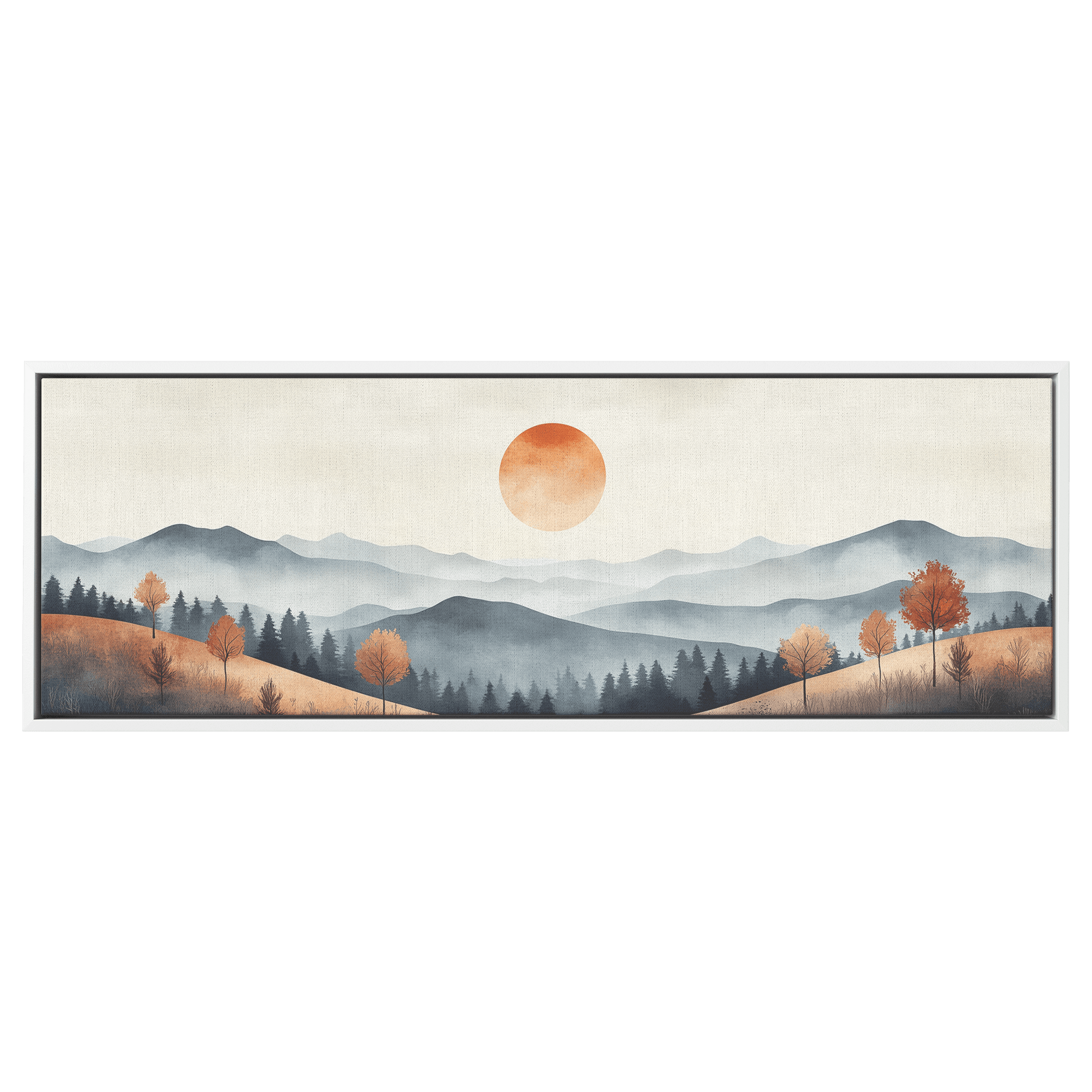 Muted Panoramic Illustration Gently Sloping Hills Sparse Tree Clusters Soft Brown Gray Tones Ultra High Definition Modern Minimalist Panoramic Framed Canvas Wall Art - Awakening Righteousness