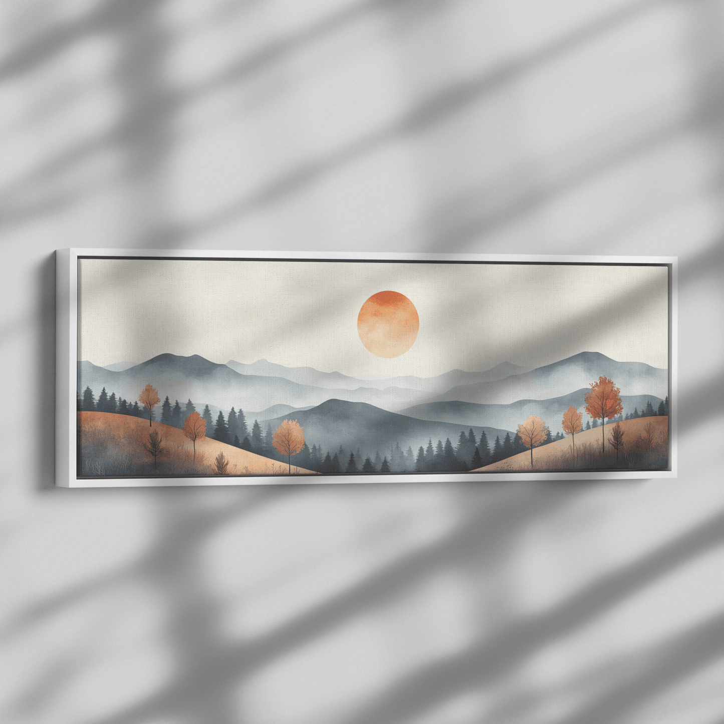 Muted Panoramic Illustration Gently Sloping Hills Sparse Tree Clusters Soft Brown Gray Tones Ultra High Definition Modern Minimalist Panoramic Framed Canvas Wall Art - Awakening Righteousness