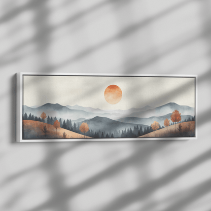 Muted Panoramic Illustration Gently Sloping Hills Sparse Tree Clusters Soft Brown Gray Tones Ultra High Definition Modern Minimalist Panoramic Framed Canvas Wall Art - Awakening Righteousness