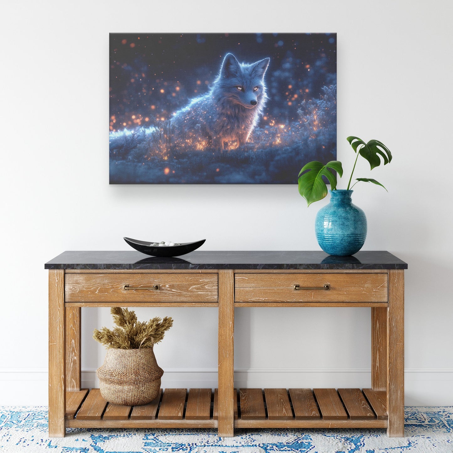Mystical Glowing Fox in Bioluminescent Forest Moonlit Sky Intricate Fur Shimmering Plants Canvas Wall Art Decor For Home - Awakening Righteousness