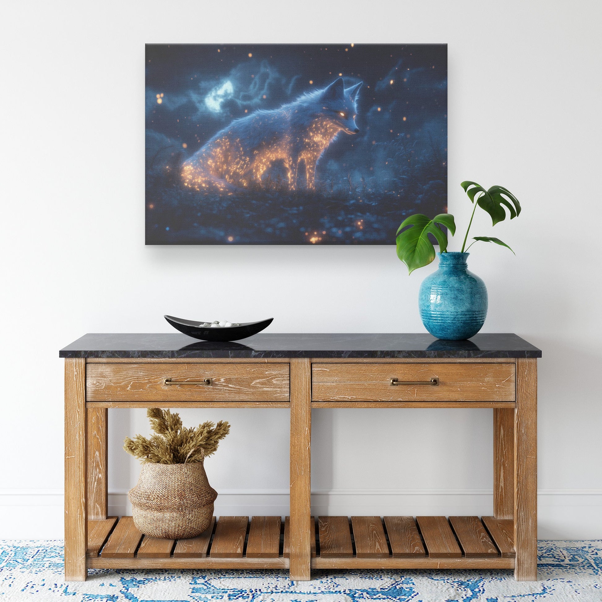 Mystical Glowing Fox in Bioluminescent Forest Moonlit Sky Intricate Fur Shimmering Plants Canvas Wall Art Decor For Home - Awakening Righteousness