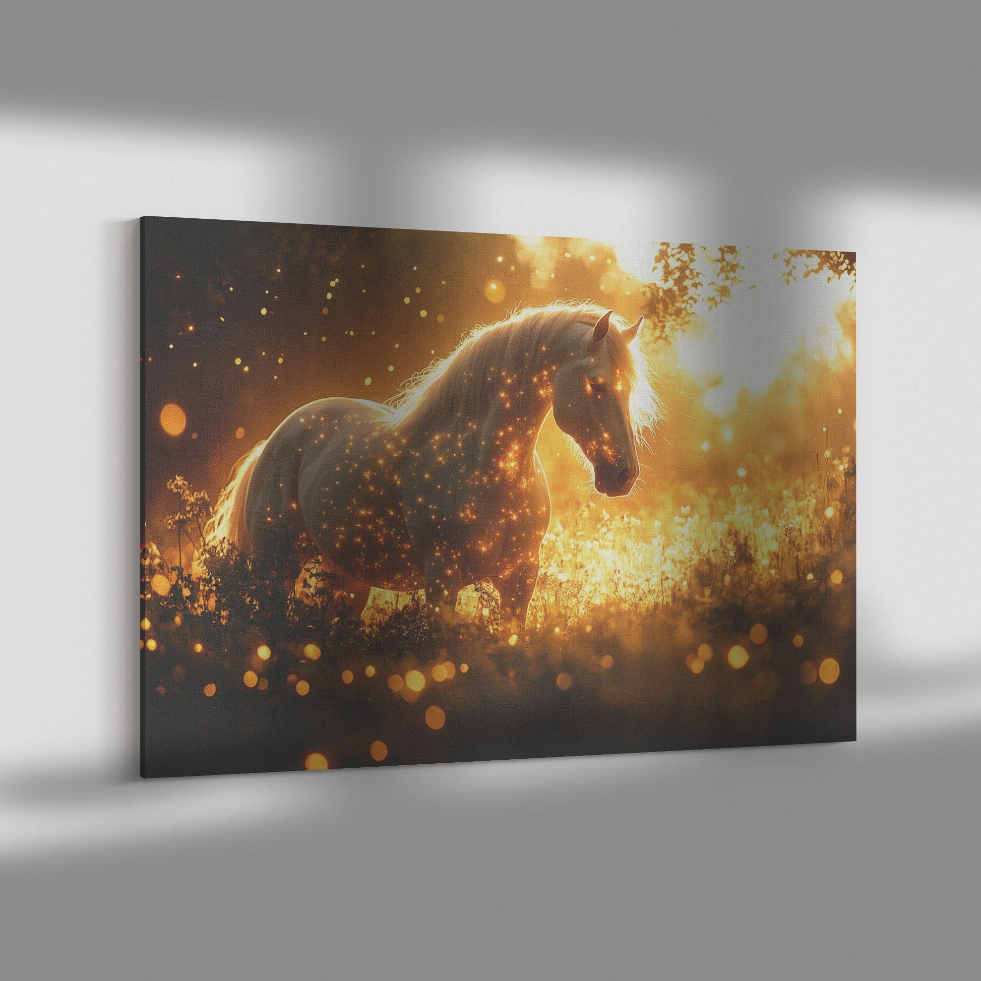Mystical Glowing Horse Canvas Wall Art Decor in Magical Forest with Fireflies and Luminous Surreal Atmosphere - Awakening Righteousness