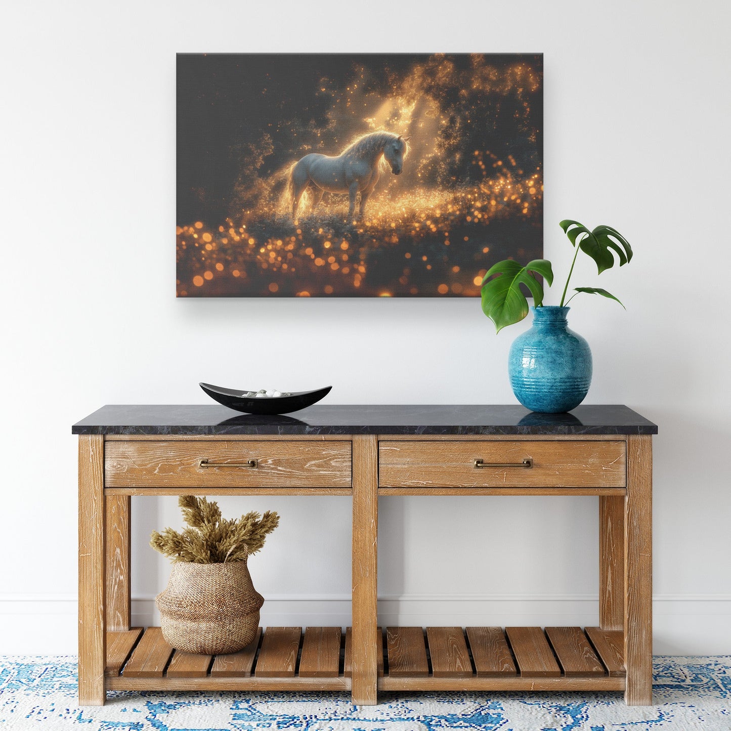 Mystical Glowing Horse Canvas Wall Art Decor in Magical Forest with Fireflies and Luminous Surreal Atmosphere - Awakening Righteousness