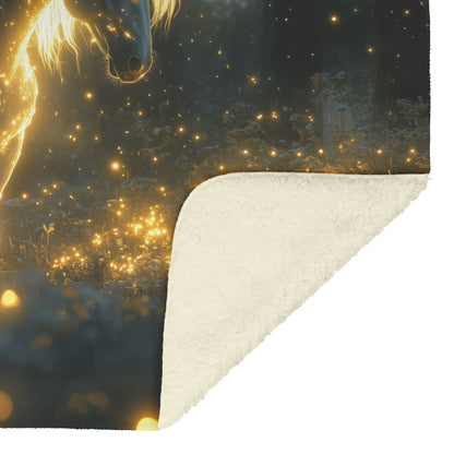 Mystical Glowing Horse in Magical Forest with Fireflies and Soft Glowing Plants Luminous Fleece Sherpa Blanket - Awakening Righteousness