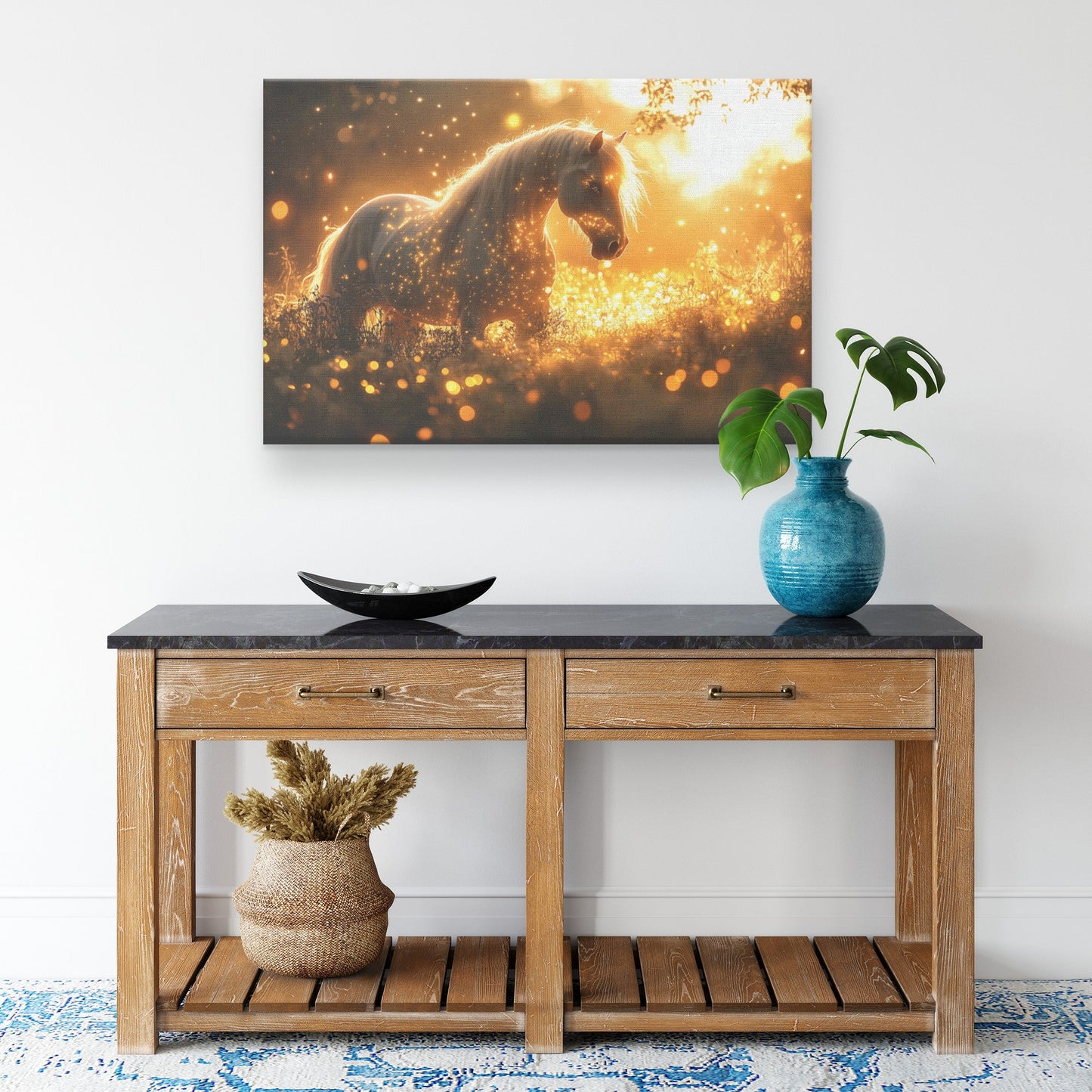 Mystical Glowing Horse in Magical Forest with Fireflies and Soft Glowing Plants Surreal Canvas Wall Art Decor - Awakening Righteousness