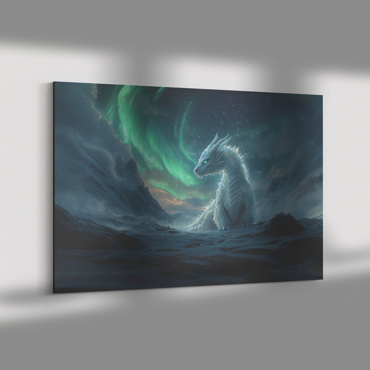Mystical Ice Dragon Surrounded by Glowing Snowflakes in Frozen Landscape Under Aurora Borealis Canvas Wall Art Decor - Awakening Righteousness