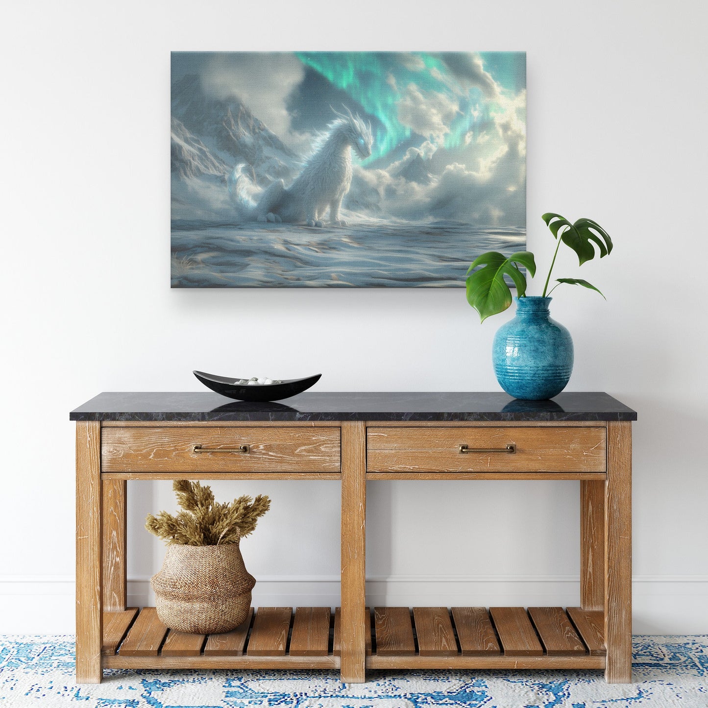 Mystical Ice Dragon Surrounded by Glowing Snowflakes in Frozen Landscape Under Aurora Borealis Canvas Wall Art Decor - Awakening Righteousness