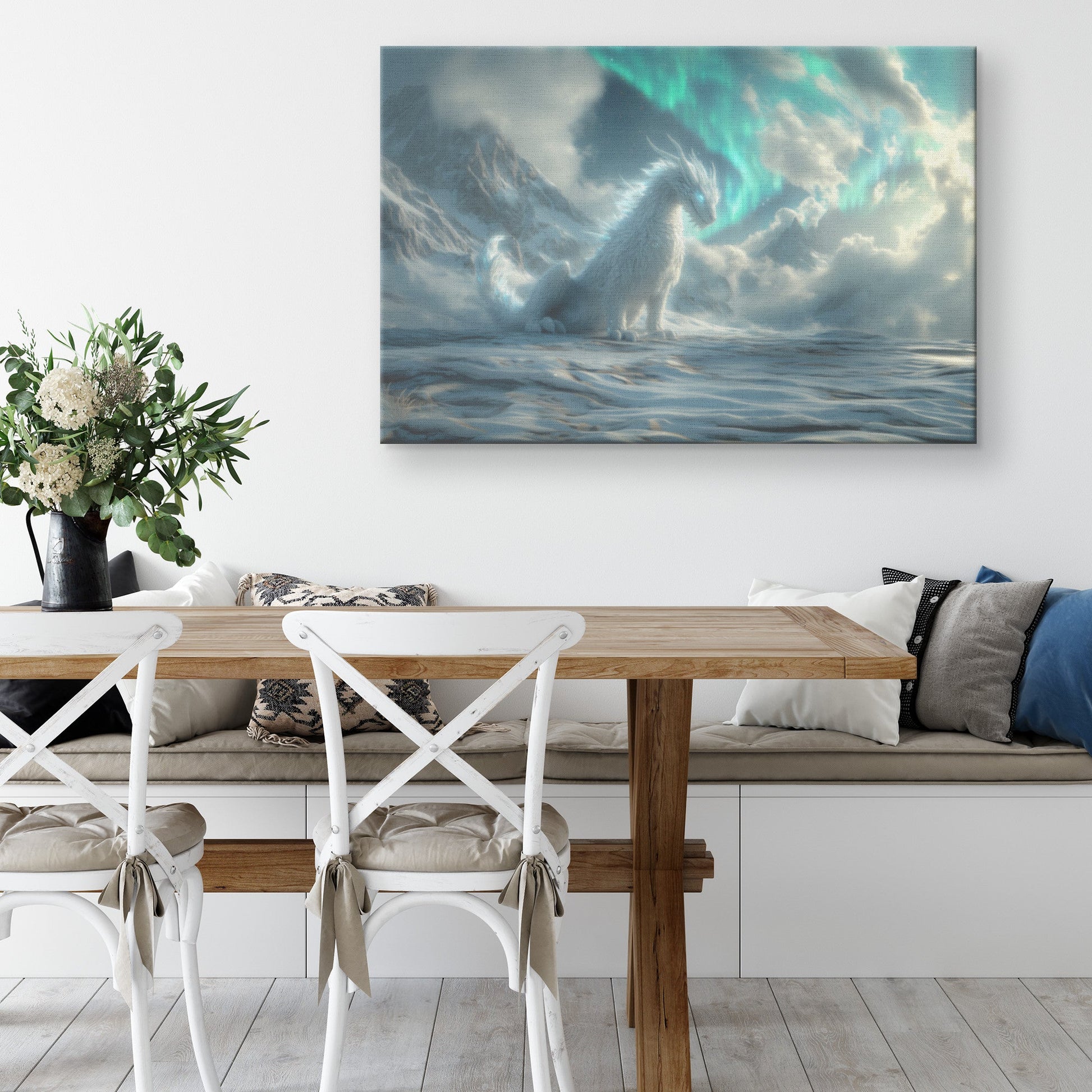 Mystical Ice Dragon Surrounded by Glowing Snowflakes in Frozen Landscape Under Aurora Borealis Canvas Wall Art Decor - Awakening Righteousness