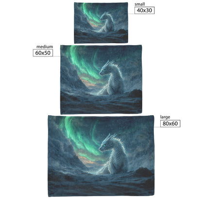 Mystical Ice Dragon with Glowing Snowflakes in Frozen Landscape Under Shimmering Aurora Borealis Fleece Sherpa Blanket - Awakening Righteousness