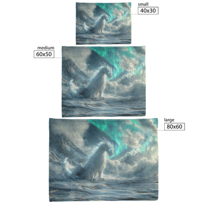 Mystical Ice Dragon with Glowing Snowflakes in Frozen Landscape Under Shimmering Aurora Borealis Fleece Sherpa Blanket - Awakening Righteousness