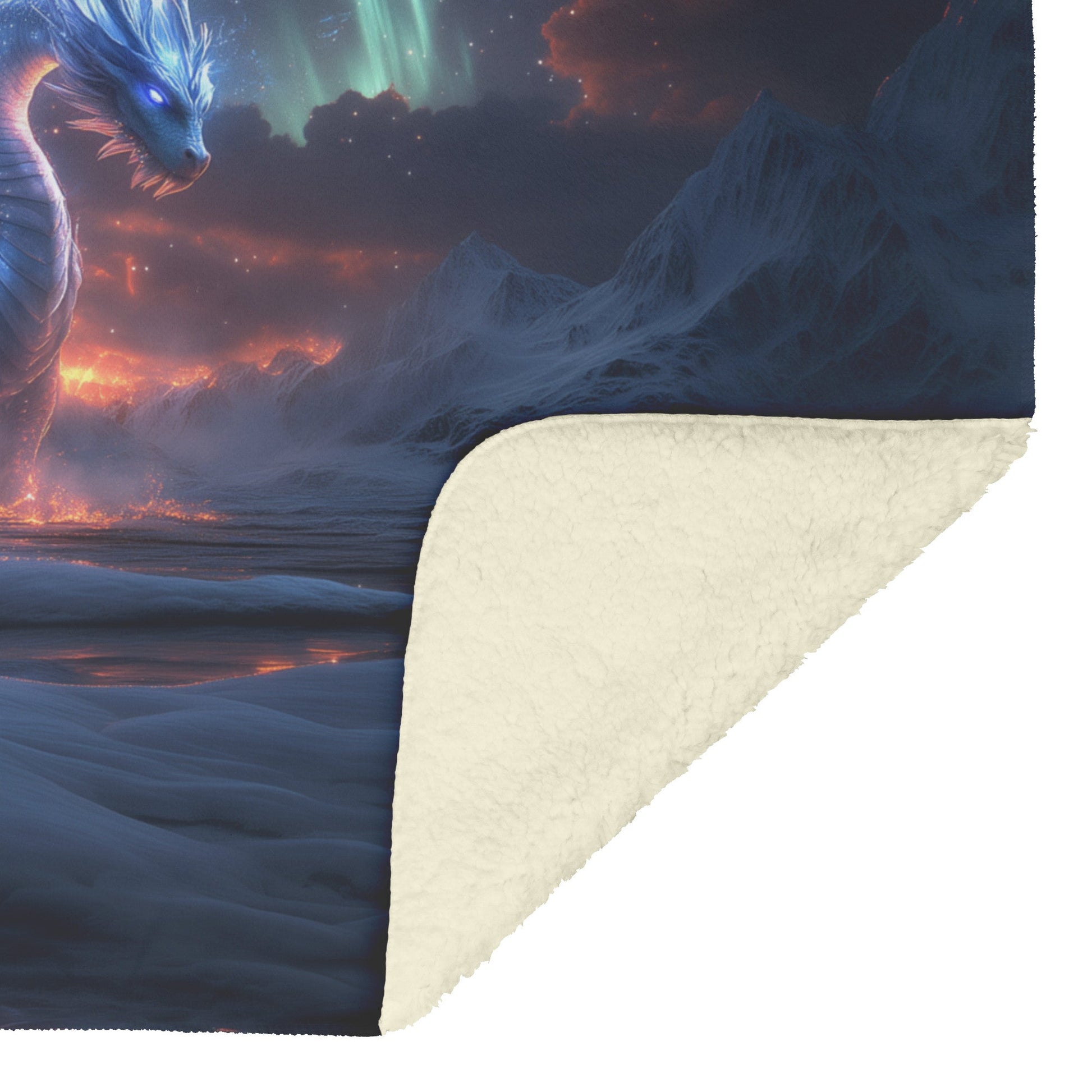 Mystical Ice Dragon with Glowing Snowflakes in Frozen Landscape Under Shimmering Aurora Borealis Fleece Sherpa Blanket - Awakening Righteousness