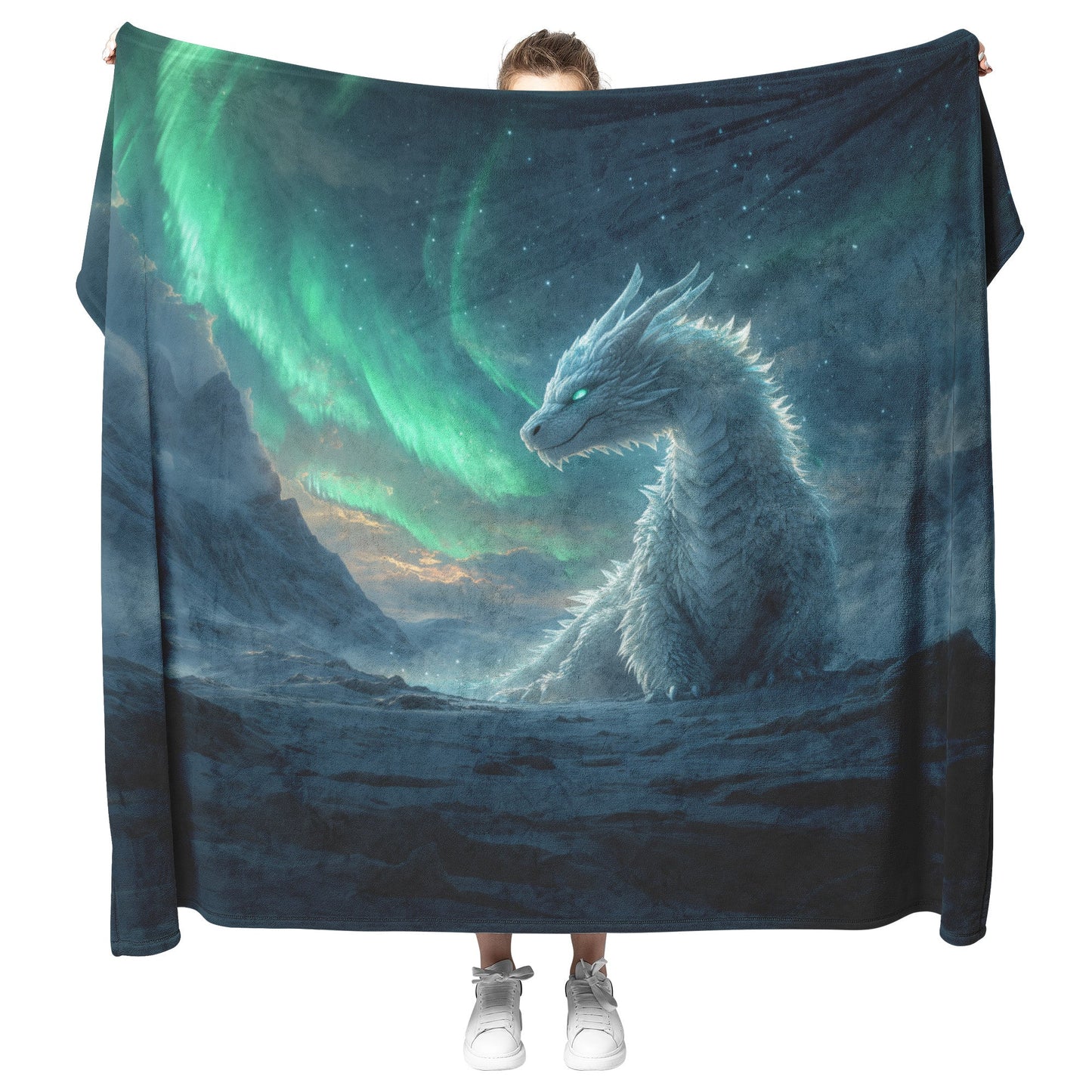 Mystical Ice Dragon with Glowing Snowflakes in Frozen Landscape Under Shimmering Aurora Borealis Fleece Sherpa Blanket - Awakening Righteousness