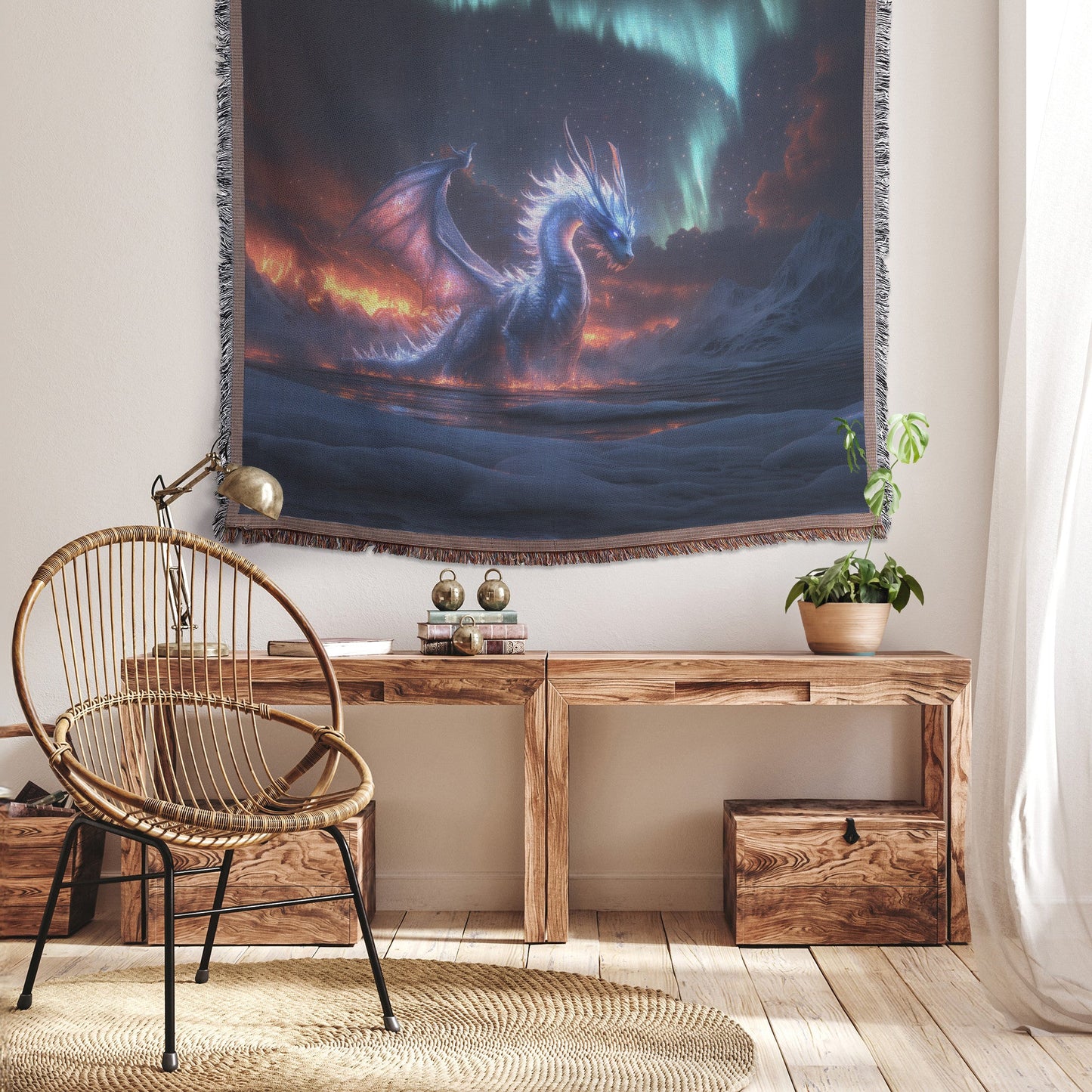Mystical Ice Dragon with Glowing Snowflakes in Frozen Landscape Woven Throw Blanket Under Shimmering Aurora Borealis - Awakening Righteousness