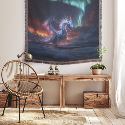Mystical Ice Dragon with Glowing Snowflakes in Frozen Landscape Woven Throw Blanket Under Shimmering Aurora Borealis - Awakening Righteousness