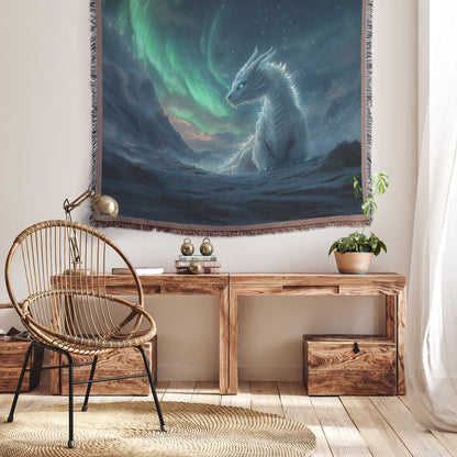 Mystical Ice Dragon with Glowing Snowflakes in Frozen Landscape Woven Throw Blanket Under Shimmering Aurora Borealis - Awakening Righteousness