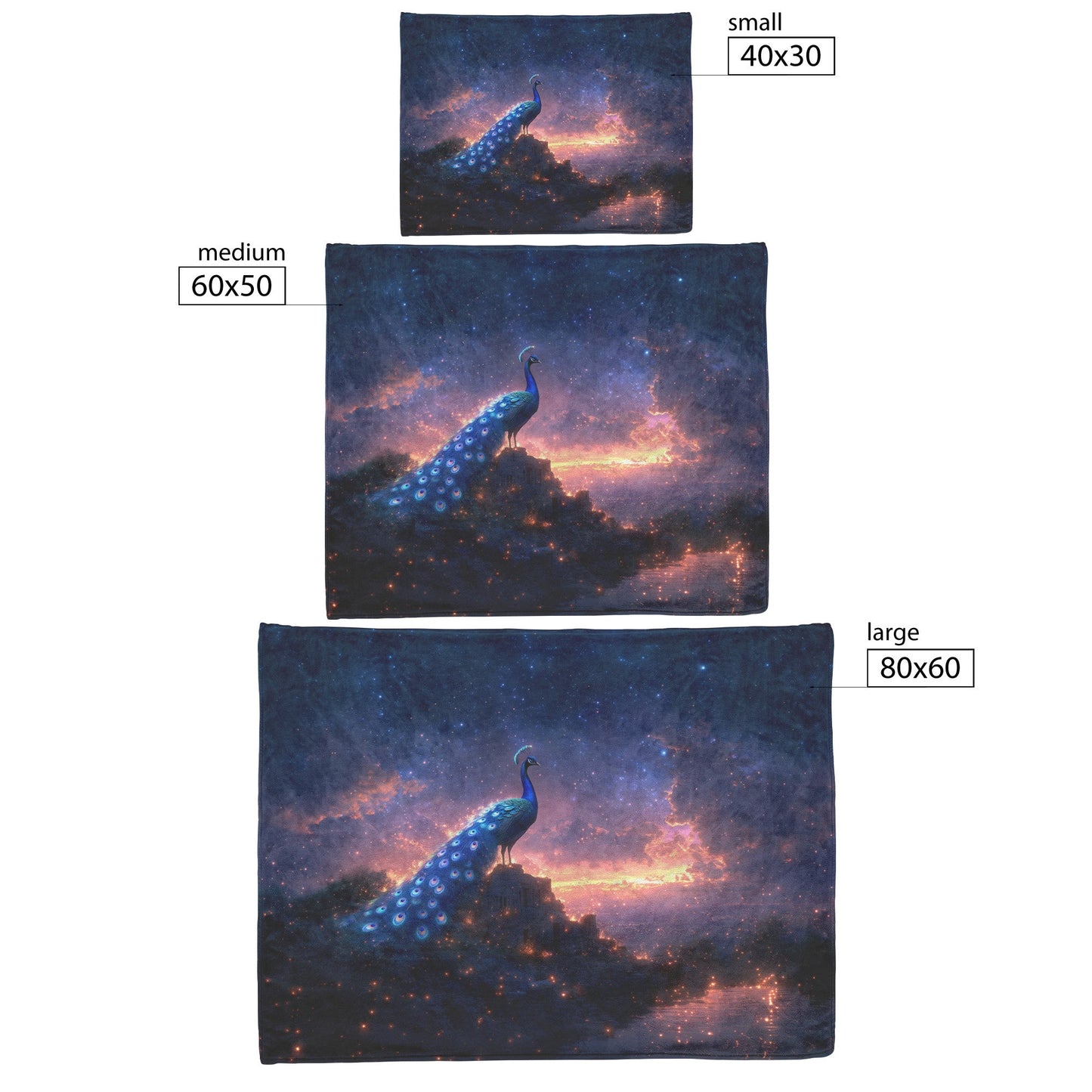Mystical Peacock with Shimmering Feathers on Glowing Ancient Ruins Under Starry Twilight Sky Fleece Sherpa Blanket - Awakening Righteousness