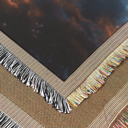 Mystical Swirling Galaxy with Vivid Blue and Orange Light Stunning Celestial Woven Throw Blanket - Awakening Righteousness