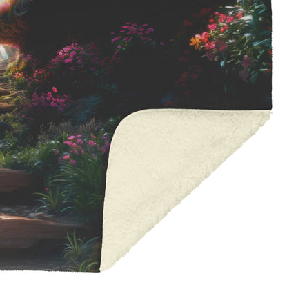Narrow Path Fleece Sherpa Blanket Featuring Vibrant Floral Journey Leading to the Cross Illuminated by Heavenly Light - Awakening Righteousness