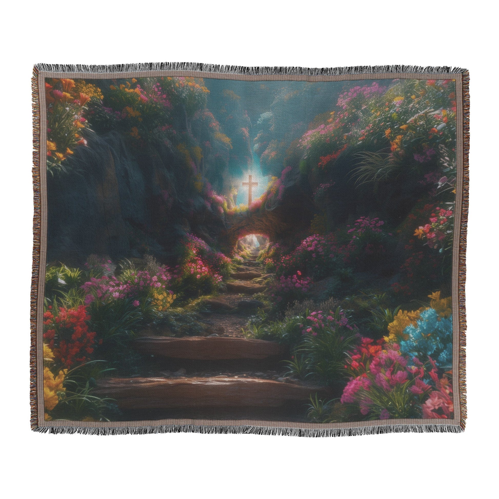 Narrow Path of Grace Woven Throw Blanket Vibrant Flowers and Cross Christian Faith Inspired Decor or Gift - Awakening Righteousness