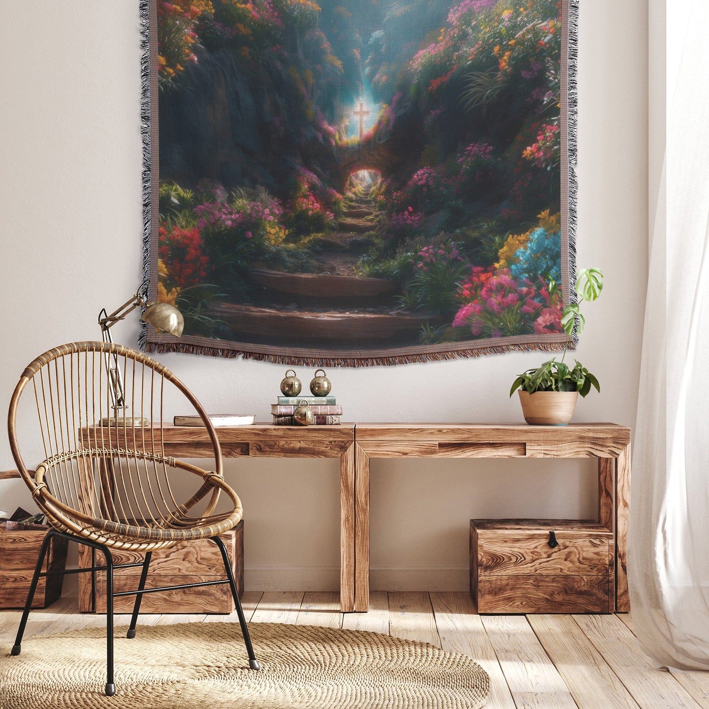 Narrow Path of Grace Woven Throw Blanket Vibrant Flowers and Cross Christian Faith Inspired Decor or Gift - Awakening Righteousness