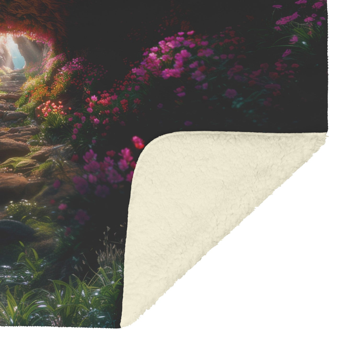 Narrow Path to the Cross Fleece Sherpa Blanket Featuring Vibrant Floral Journey and Radiant Heavenly Light - Awakening Righteousness