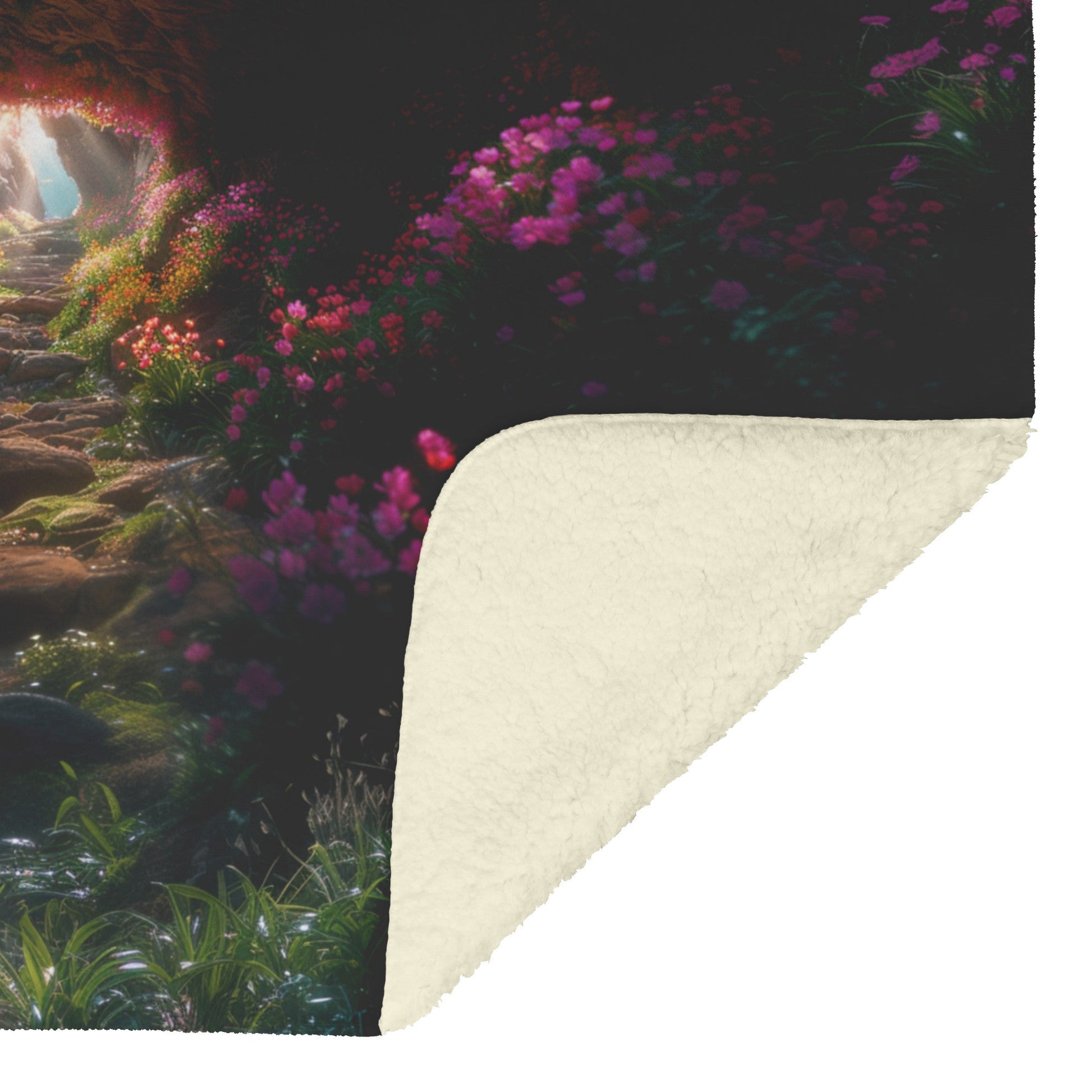 Narrow Path to the Cross Fleece Sherpa Blanket Featuring Vibrant Floral Journey and Radiant Heavenly Light - Awakening Righteousness