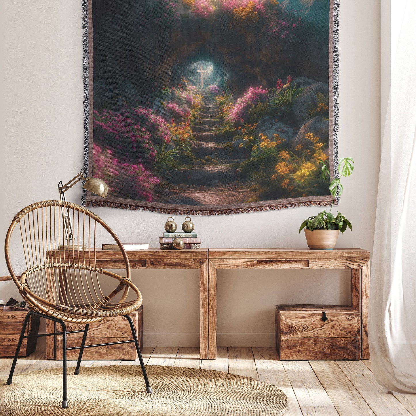 Narrow Path to the Cross Woven Throw Blanket Christian Faith Inspired Decor Vibrant Floral Design for Home or Gift - Awakening Righteousness