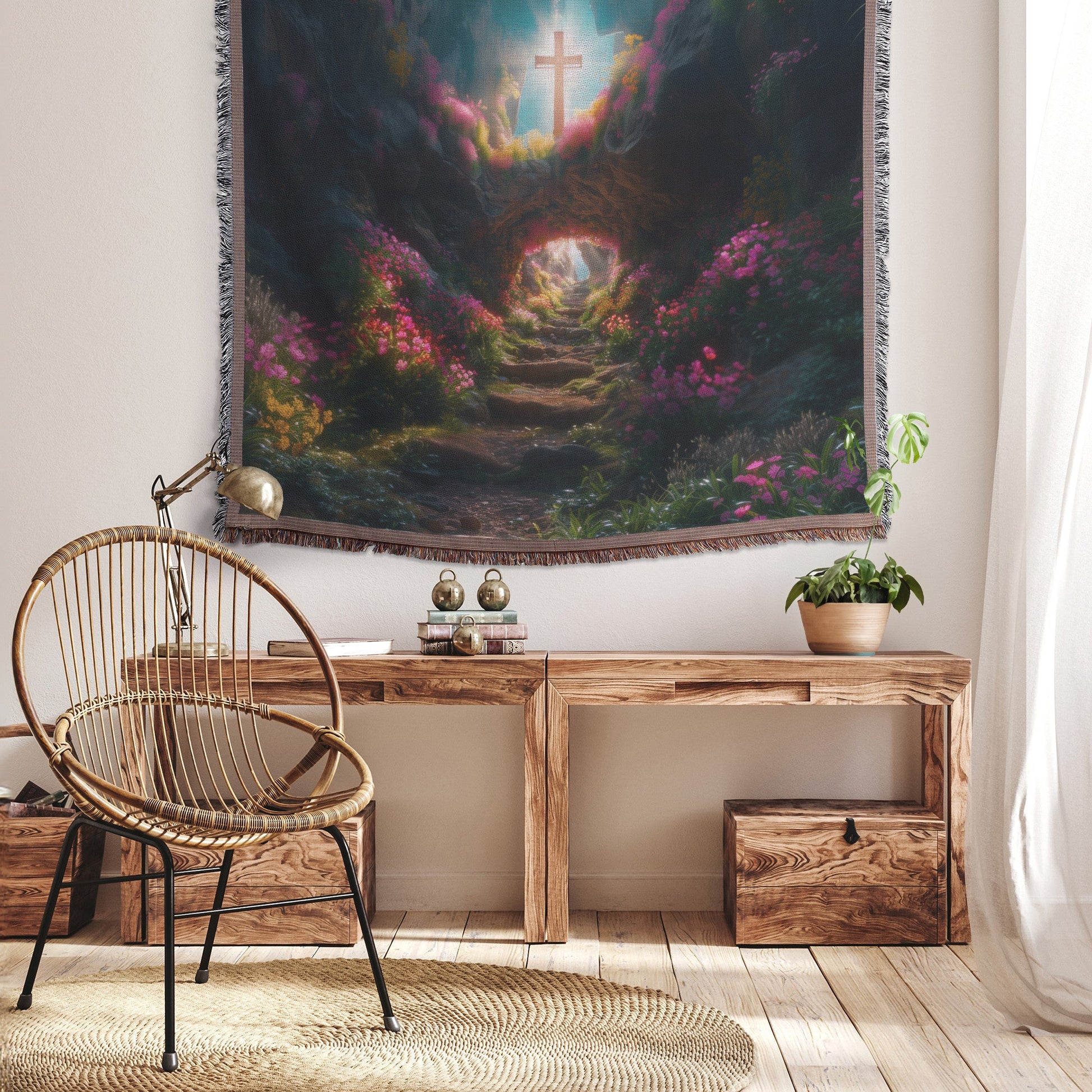 Narrow Path to the Cross Woven Throw Blanket Vibrant Floral Christian Decor Symbolizing Faith and Divine Light - Awakening Righteousness