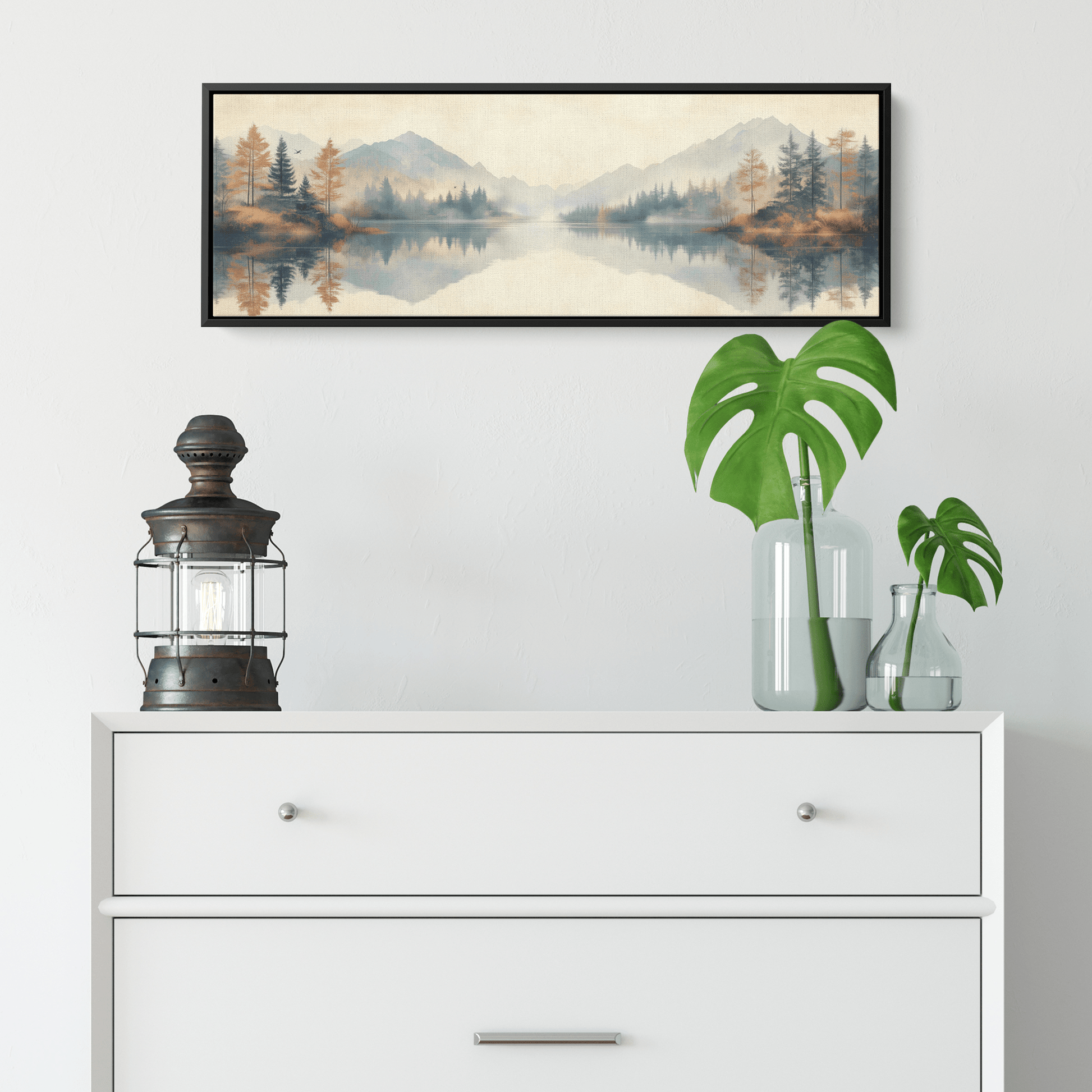 Neutral Toned Calm Lake Illustration Sparse Trees Muted Beige Hills Ultra High Definition Textured Modern Panoramic Framed Canvas Wall Art - Awakening Righteousness