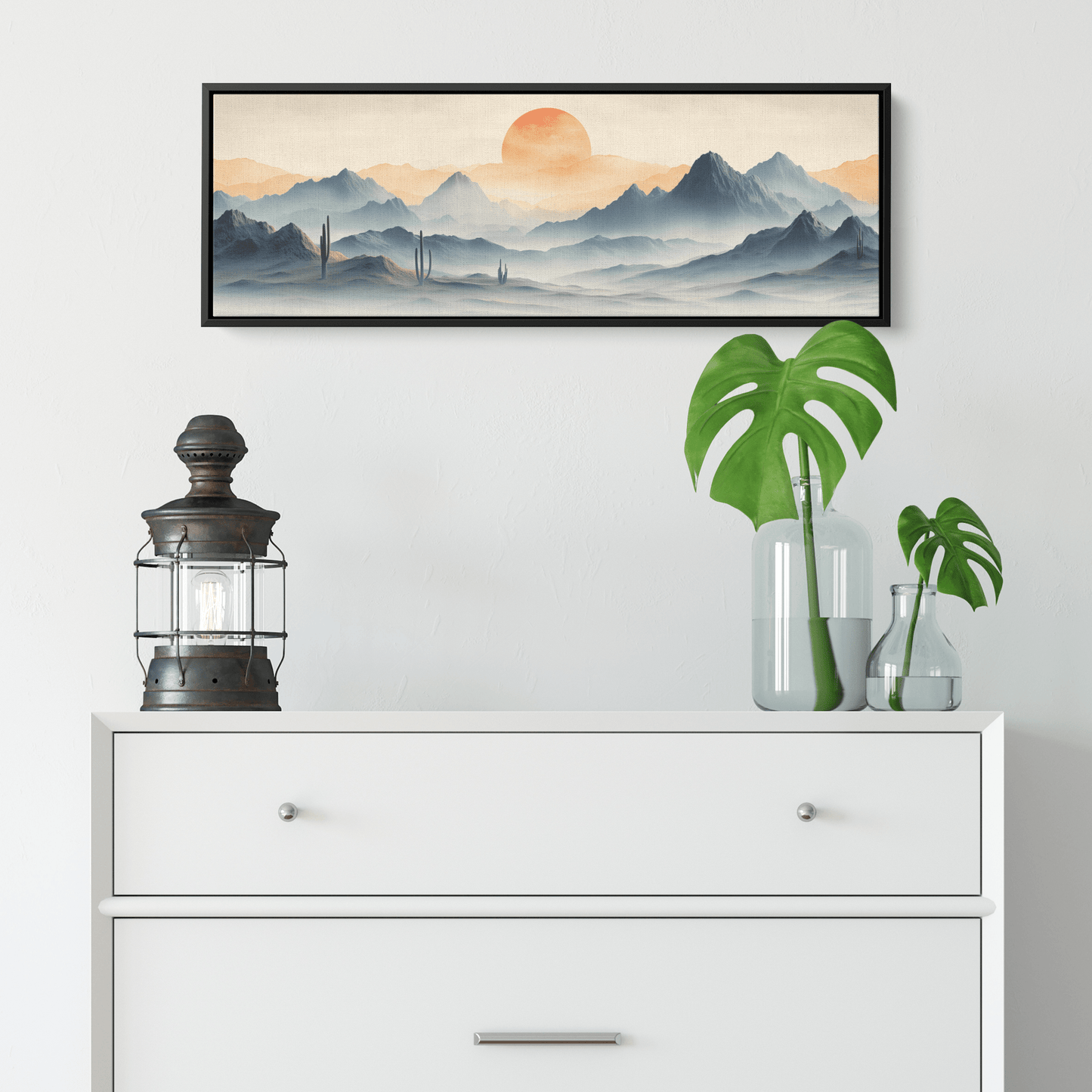 Neutral Toned Desert Artwork Abstract Cacti Forms Soft Mountains Muted Gray Beige Ultra High Definition Elegant Minimalist Panoramic Framed Canvas Wall Art - Awakening Righteousness
