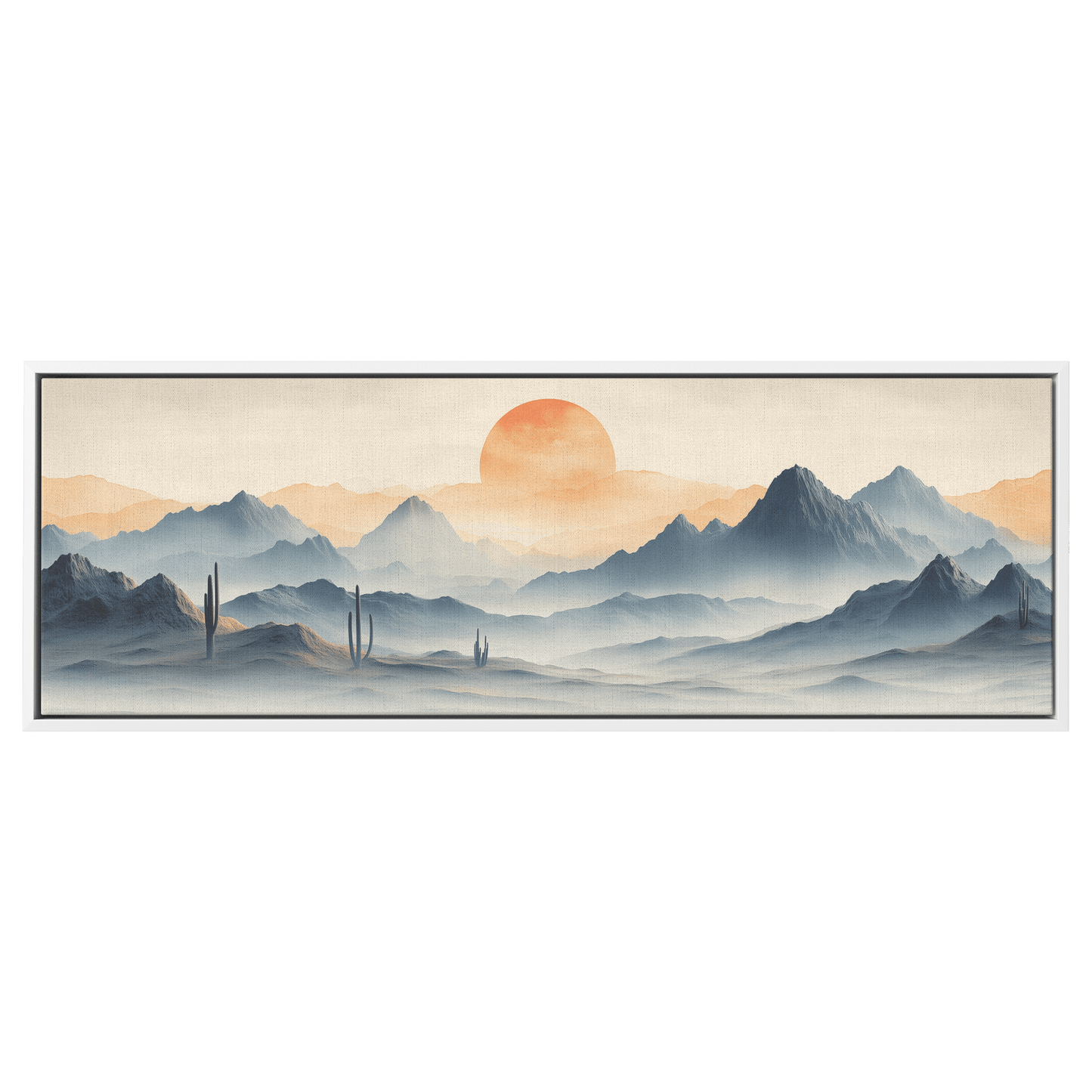 Neutral Toned Desert Artwork Abstract Cacti Forms Soft Mountains Muted Gray Beige Ultra High Definition Elegant Minimalist Panoramic Framed Canvas Wall Art - Awakening Righteousness