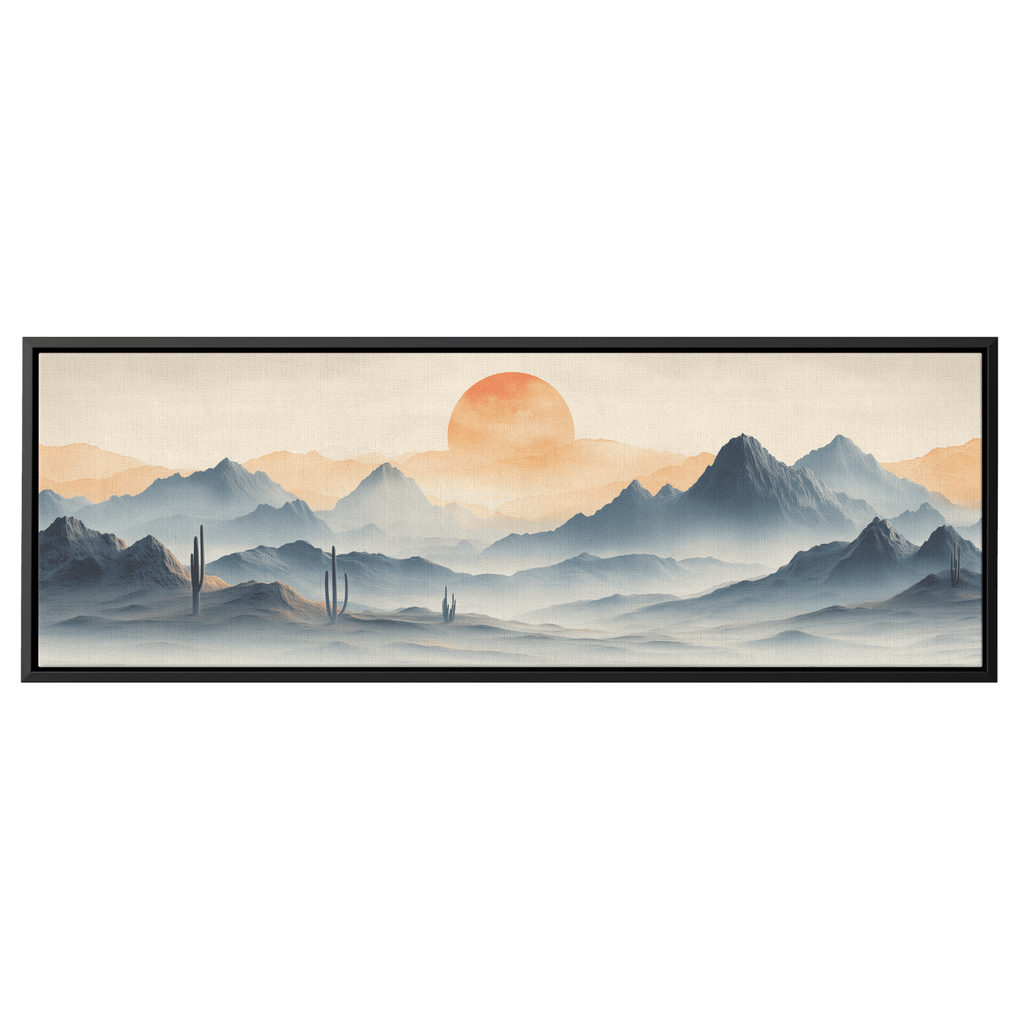 Neutral Toned Desert Artwork Abstract Cacti Forms Soft Mountains Muted Gray Beige Ultra High Definition Elegant Minimalist Panoramic Framed Canvas Wall Art - Awakening Righteousness