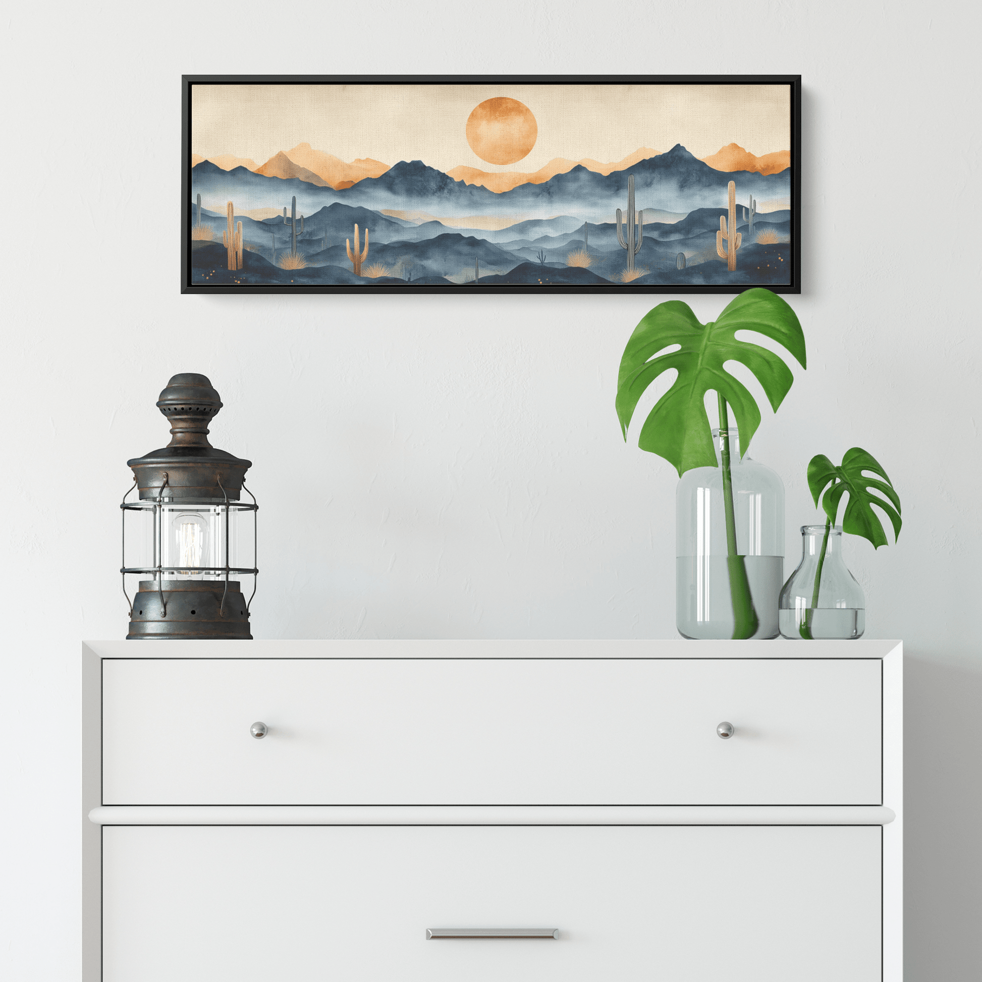 Neutral Toned Desert Artwork Abstract Cacti Forms Soft Mountains Muted Gray Beige Ultra High Definition Elegant Minimalist Panoramic Framed Canvas Wall Art - Awakening Righteousness
