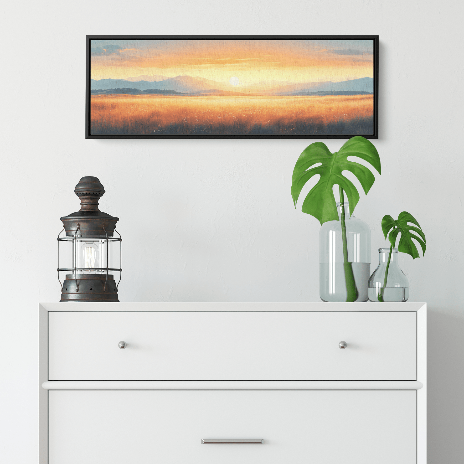 Neutral Toned Panoramic Illustration Open Field Subtle Gradients Beige Taupe Ultra High Definition Elegant Minimalism Panoramic Framed Canvas Wall Art - Awakening Righteousness
