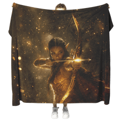 Night Elf Hunter Fleece Sherpa Blanket Glowing Bow Golden Mist Silver Light Elegant World of Warcraft Design - Awakening Aesthetics