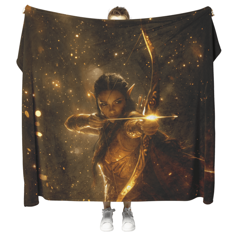 Night Elf Hunter Fleece Sherpa Blanket Glowing Bow Golden Mist Silver Light Elegant World of Warcraft Design - Awakening Aesthetics